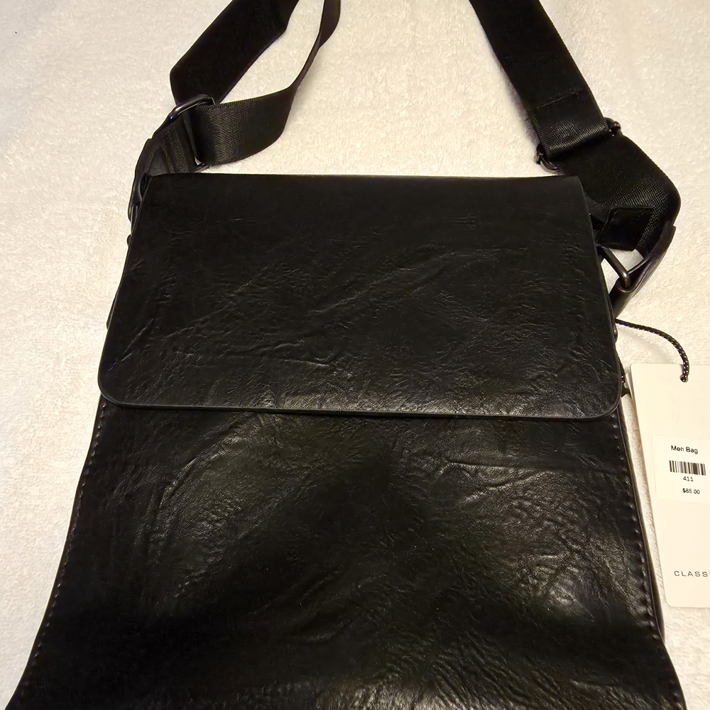 Men's Black Leather-Effect Messenger Bag with Adjustable Strap